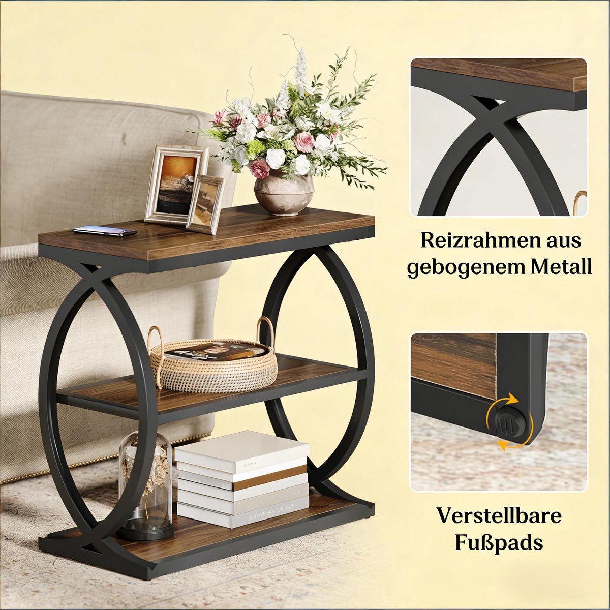 MODENUIT Bijzettafel - Industrieel Open Opbergrek - Metaal En Spaanplaat - Zwart Bruin - 60x30x60 Cm