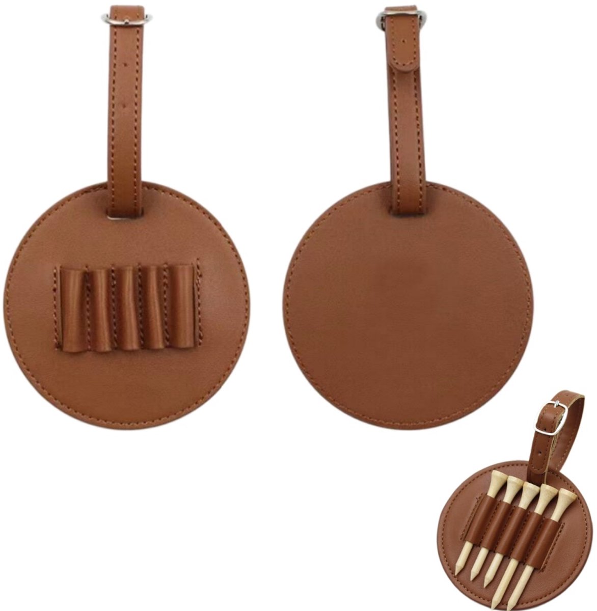 2 stuks - Golf tee organizer - Golf tee houder - Golftas organizer - Golfaccessoires - Kan aan de schouderband van een golftas worden gehangen - Bruin - 9,5 x 9,5 cm