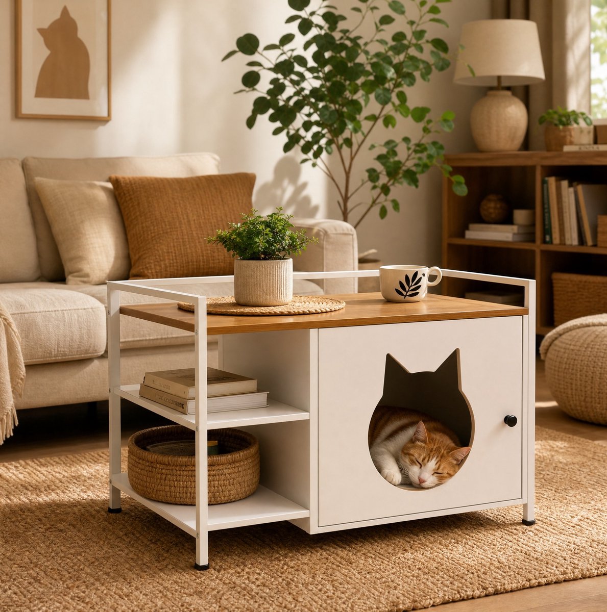 HAUSS SPOLE Kattenbakcontainer - Kattenbakmeubel Met Kattenkopopening En 2 Planken - Voor Woonkamer En Slaapkamer - MDF Metaal - Wit Licht Eiken
