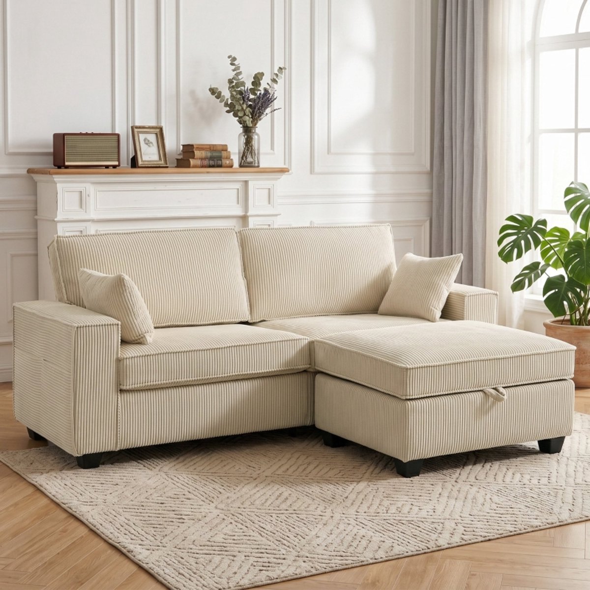 OKWISH Hoekbank 3-Zits Met Opbergruimte Ottoman Cord L-Vorm Met Zachte Zit Voor Woonkamer Beige