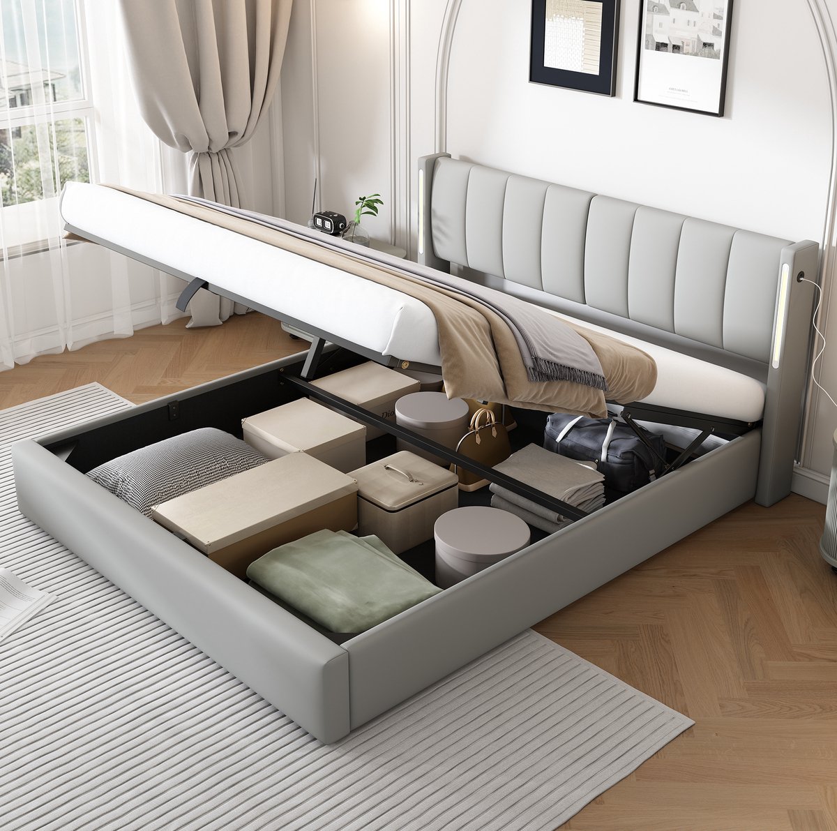 DESMIU Gestoffeerd Bed 180 x 200 cm – Met LED & USB – Verstelbaar Hoofdeinde – Opbergruimte – Volwassenen – Kunstleer – Grijs – Zonder Matras