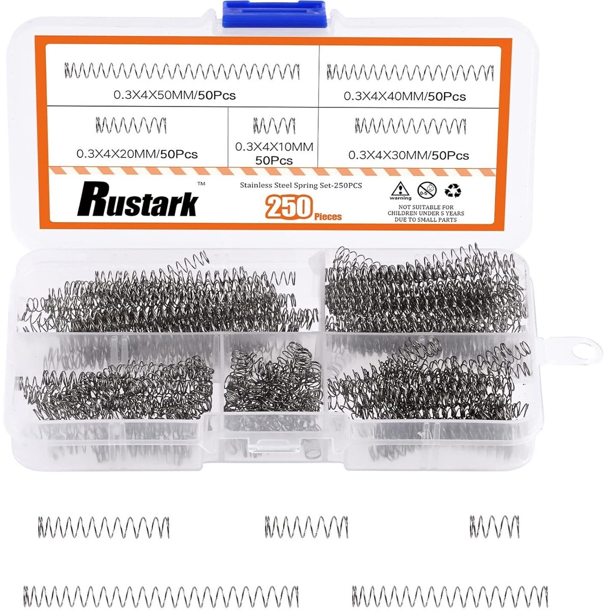 Assortiment van 250 Stuks Compressieveren in 5 Maten van RVS voor Mechanische Toepassingen en Doe-Het-Zelf Projecten, 10-50mm Lengte