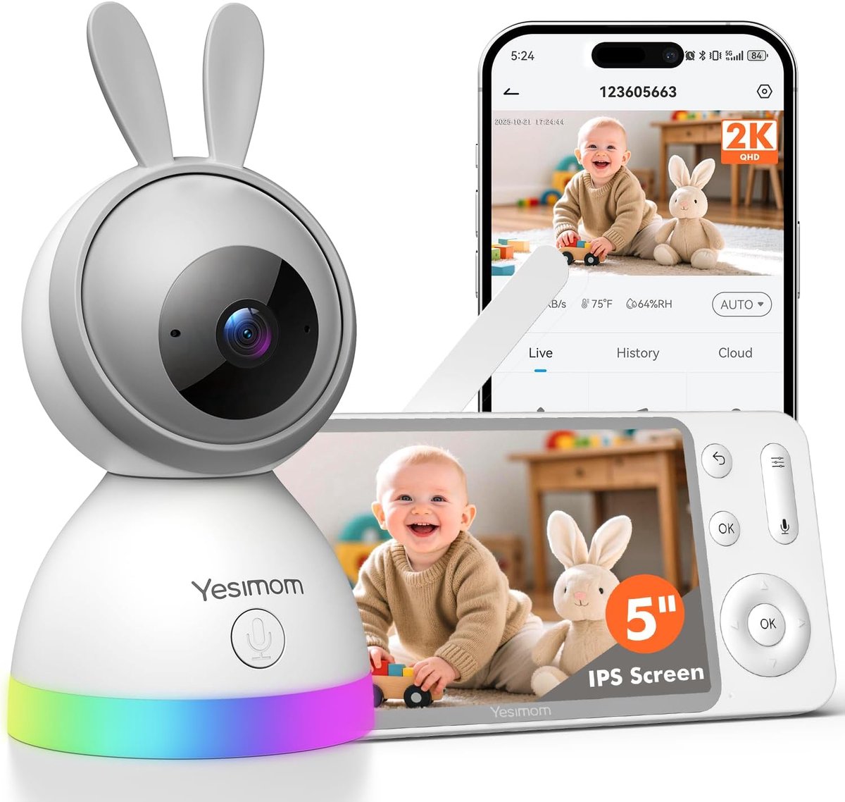 SnelShoppen - YESIMOM 2K Babyfoon Camera met 5 Inch Scherm - Video Babyfoon met Smartphone Connectiviteit - Draadloos en HD Beeld voor Kinderen