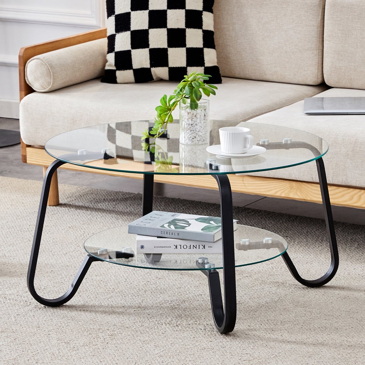 MODENUIT Salontafel - Rond Met Dubbel Glazen Blad - Voor Woonkamer - Metaal En Glas - 80x80x45 Cm