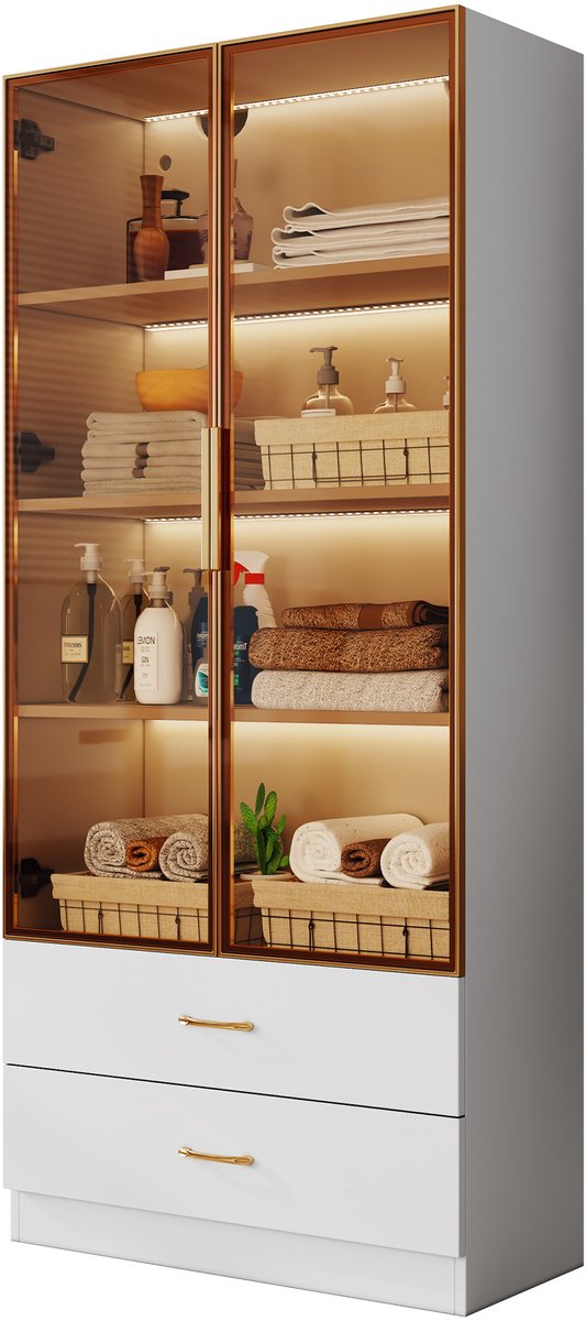 COVREO Badkamerkast 75 x 34,5 x 170 cm wit, MDF met lichtstrip en glasdeur — afbeelding 5