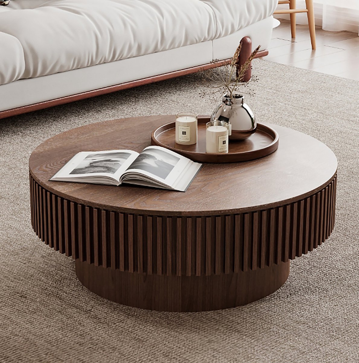 DESMIU Salontafel - Ronde Koffietafel Met Verborgen Opbergruimte - Voor Woonkamer, Slaapkamer En Kantoor - MDF En Houtfineer - 75x75x35 Cm - Walnoot