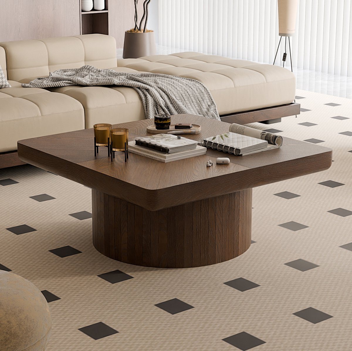 DESMIU Salontafel - Vierkant Met Houtfineer En Parquet Patroon - Voor Woonkamer - Walnoot - 78x78x38 Cm Walnut