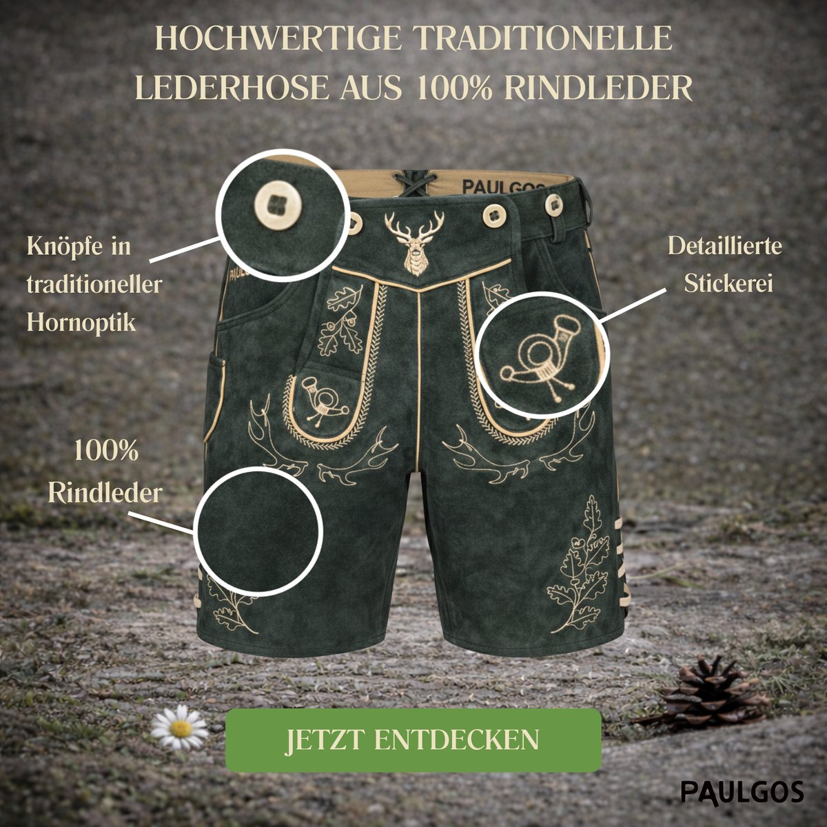 PAULGOS Heren traditionele leren broek kort - HK5 - Echt leer - Verkrijgbaar in 3 kleuren - Maat 44 - 60