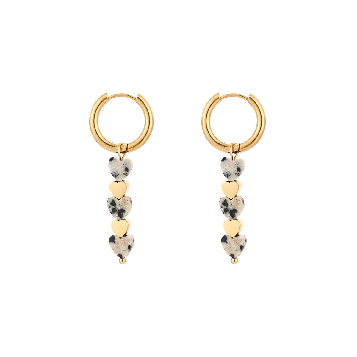 Stainless Steel Tiered Hearts Cascade Charm Hoops – Luxe Gelaagde Hartjes Cascade Oorringen – RVS - Zwart/Wit