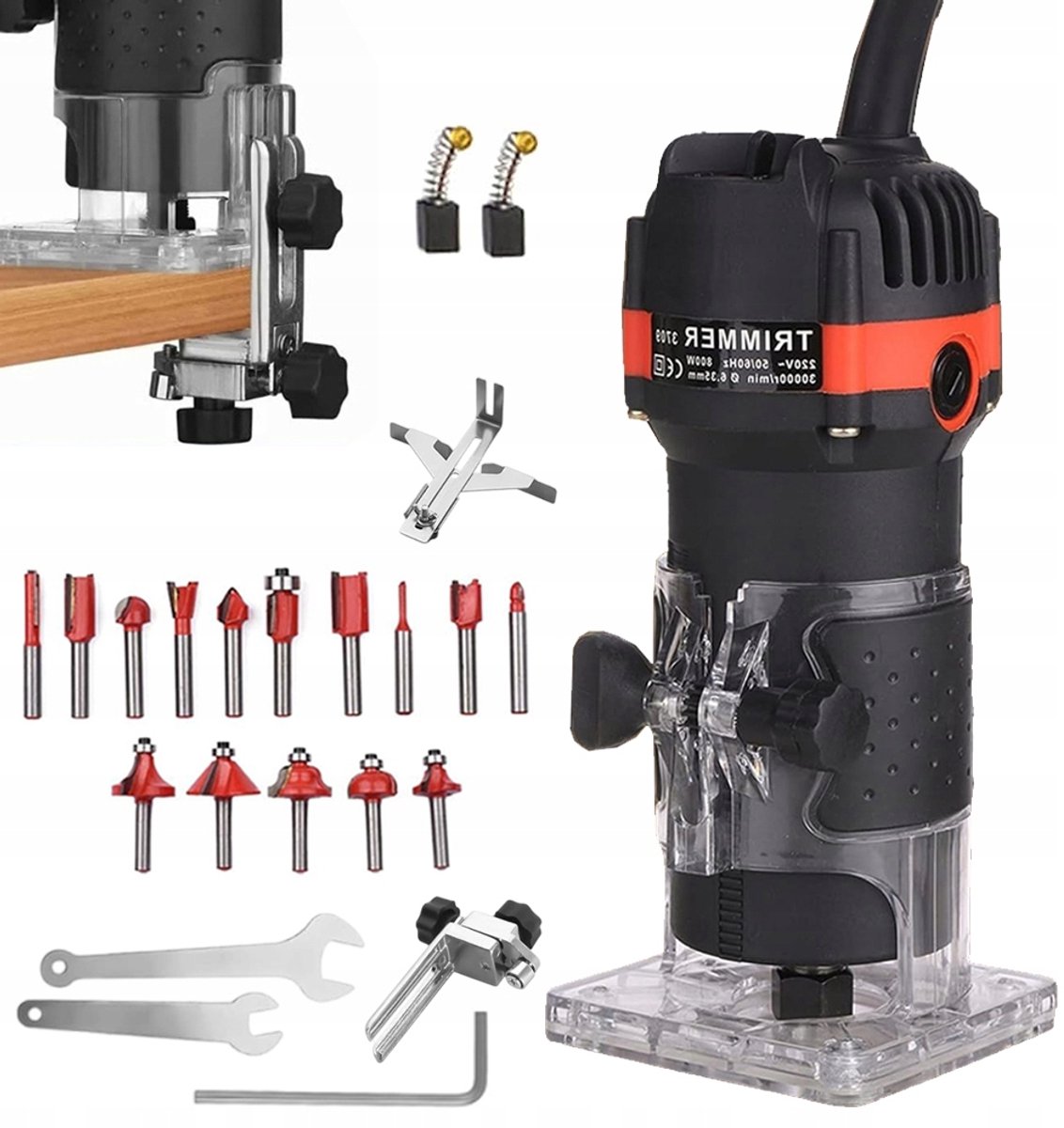 Bovenfrees - Houtbewerkingsfrees - 800W Houtfrees - 30000RPM - 6,35 mm - Transparante Basis - Voor Groeven en Randen - DIY en Professioneel