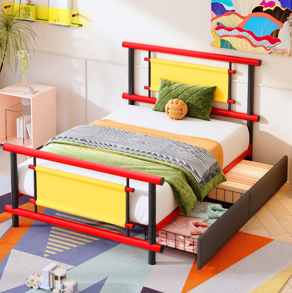 DESMIU Kinderbed 90x200 cm – Metalen Eenpersoonsbed Met Lades – Ruimtebesparend Platformbed – Voor Kinderkamer – Metaal – Rood – Zonder Matras