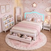 Tweepersoonsbed voor meisjes, 140 x 200 cm, met ledverlichting, meisjeskroonbed, in hoogte verstelbaar hoofdeinde, met 2 lades, tweepersoonsbed van PU-leer, Wit