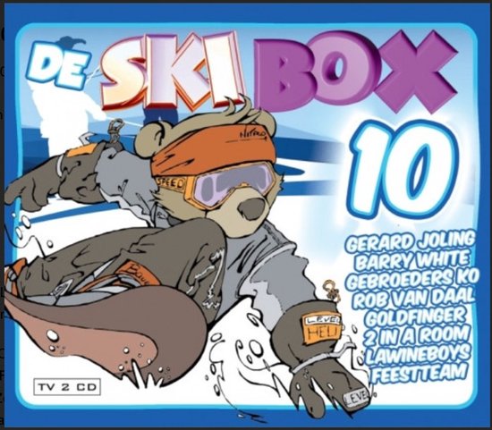 Cover van 'De Ski Box 10' met een bruine beer in skikleding, skiënd met een oranje hoofdband en skibril. De titel 'De Ski Box 10' staat centraal.