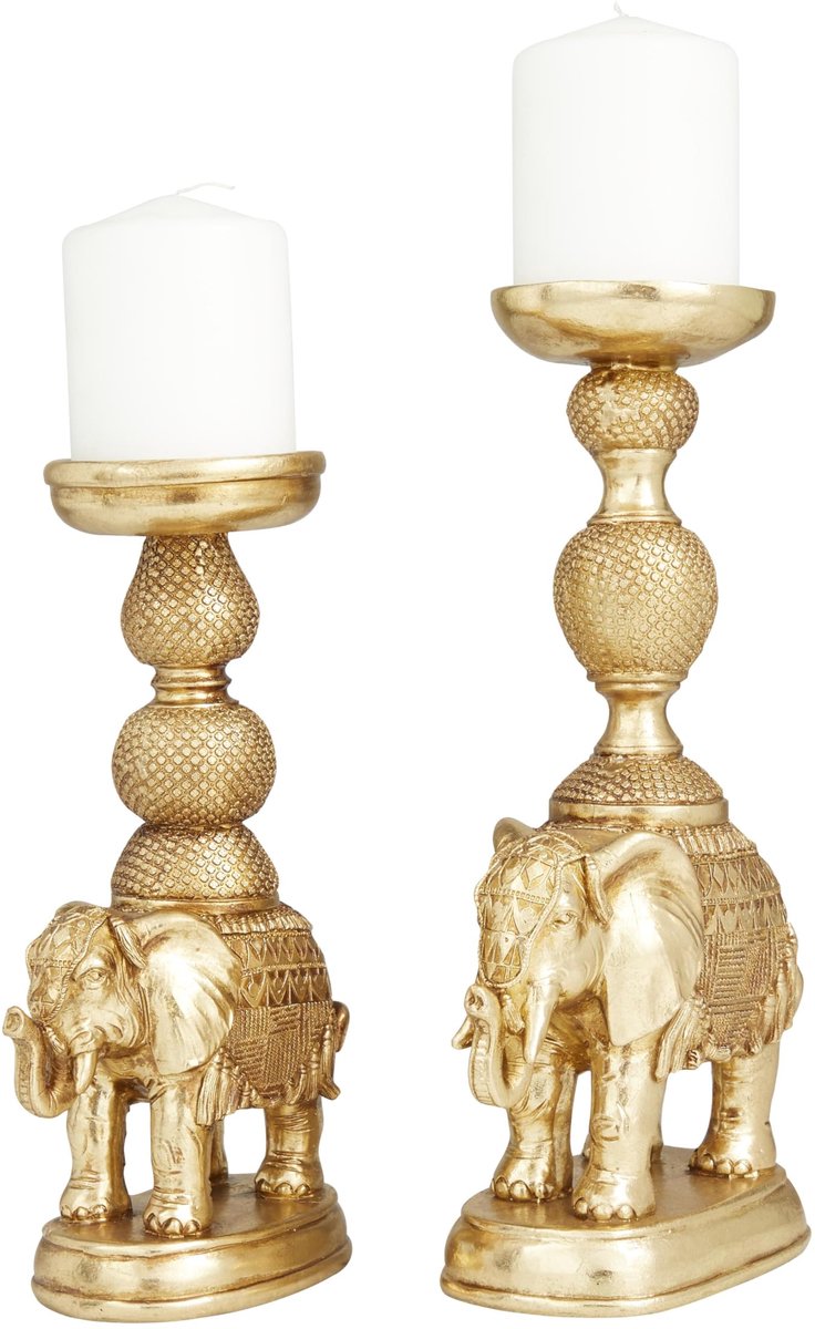 SnelShoppen - Set van 2 Polystone Olifant Kaarsenhouders 13" en 11" Hoog in Goud voor Feestelijke Gelegenheden, Woondecoratie en Tuinaccessoires