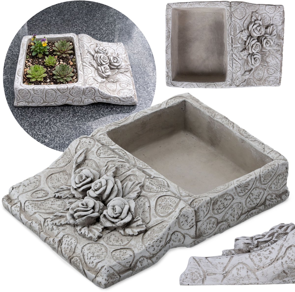 CEMENTEN grafvaas, open boek, graf DECORATIE, BLOEMPOTHOUDER 23,5x17x5cm