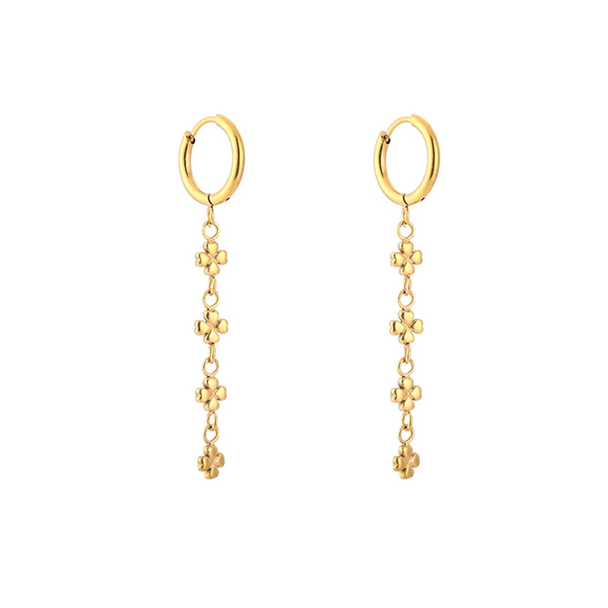 Stainless Steel Clover Cascade Charm Hoops – Luxe Klavertjes Cascade Oorringen – RVS - Goud