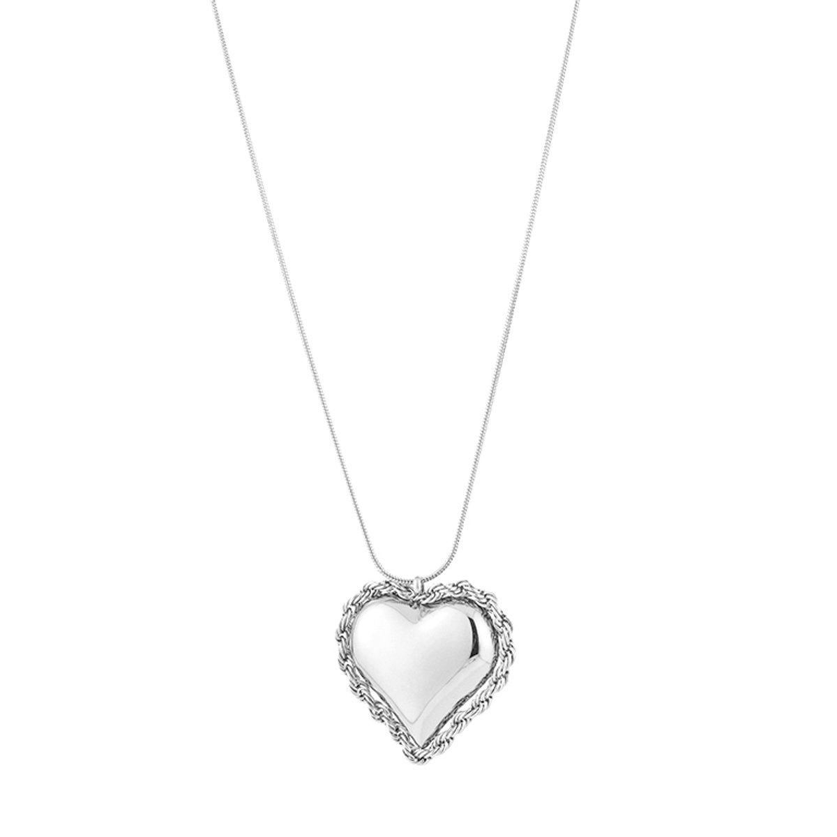 Dames Ketting met Bewerkt Hart - Lange Schakelketting - Gedraaide Rand - Stainless Steel / RVS - 70 cm (+5 cm) - Zilver