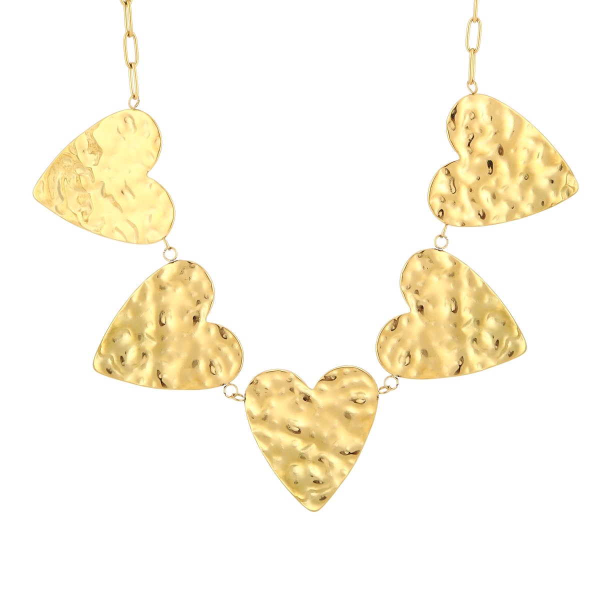 Dames Ketting met Gehamerde XL Harten - Statement Schakelketting - Grote Hartbedels - Stainless Steel / RVS - 16 cm (+3 cm) - Goud