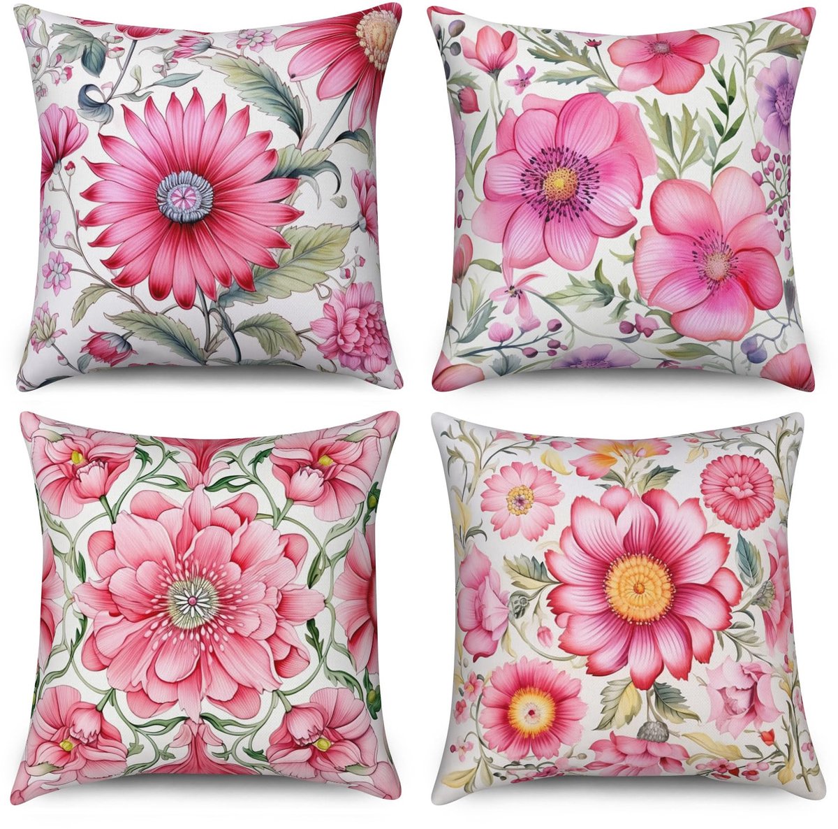 SnelShoppen - Kussensloop Set van 4 Retro Bloemen 40x40 cm - Roze Bloem Bladeren Sofakussen Kussenhoes Wasbaar Polyester Vlas Textiel voor Outdoor en