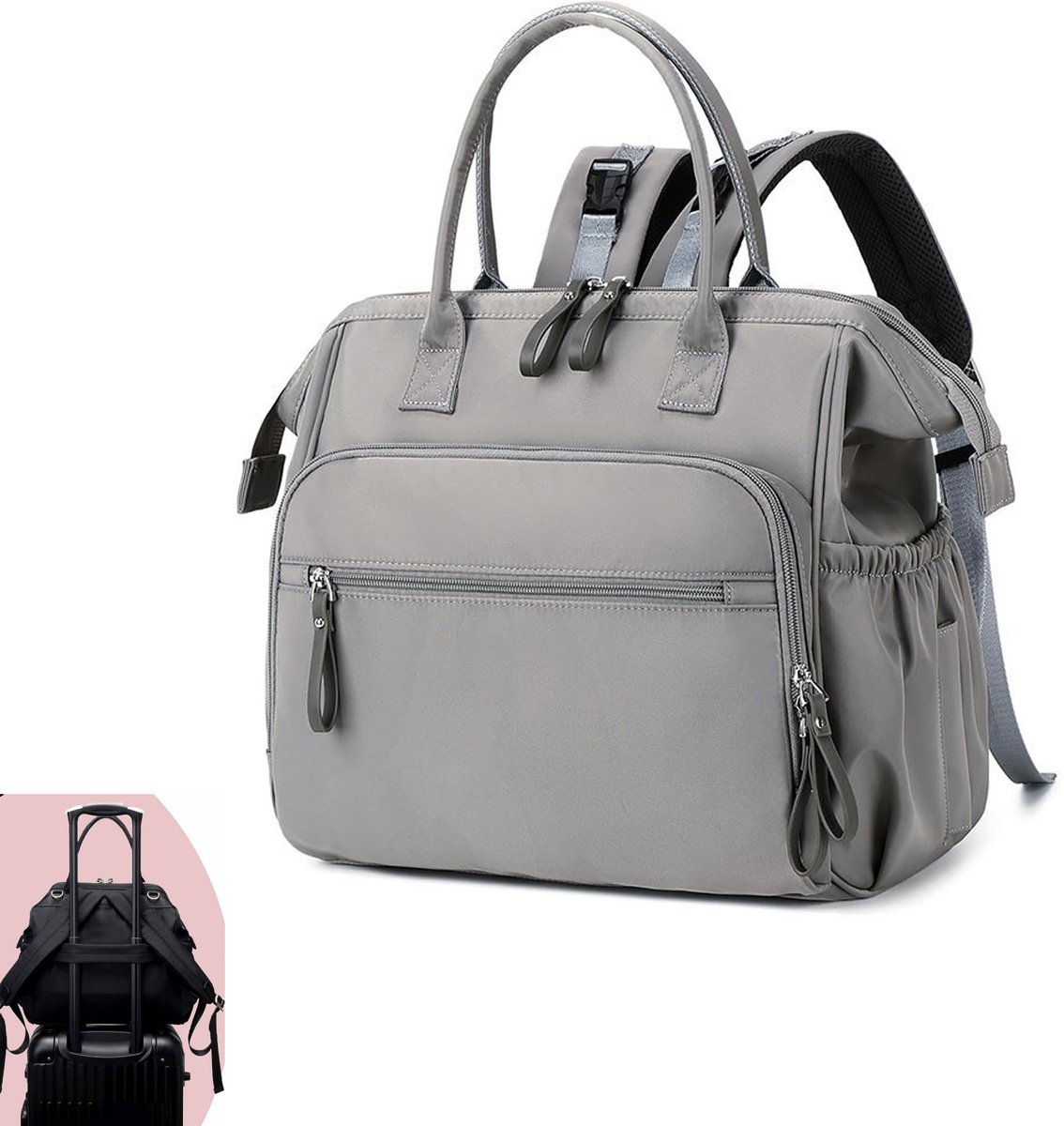 KZQ Grote luier tas tote 20L met 14 vakken - Converterbaar met kinderwagenclips en 3 geïsoleerde vakken - Waterafstotend en praktisch voor onderweg - Grijs