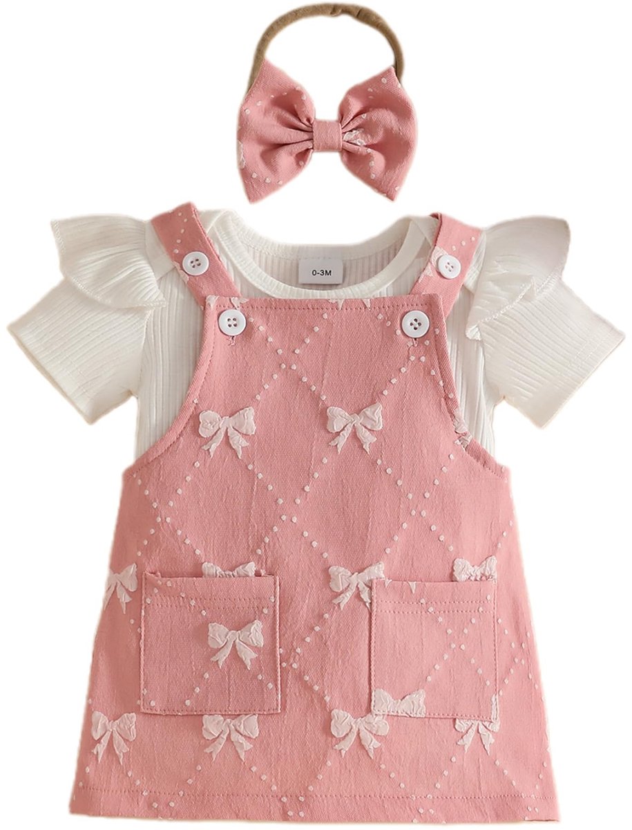 SnelShoppen - Eqenkely Set voor Pasgeborenen, Korte Mouwen, Gestreept en Effen, Ruches Top + Jurk met Bandjes + Haarband, 3-delige Outfit in Roze, 3-6
