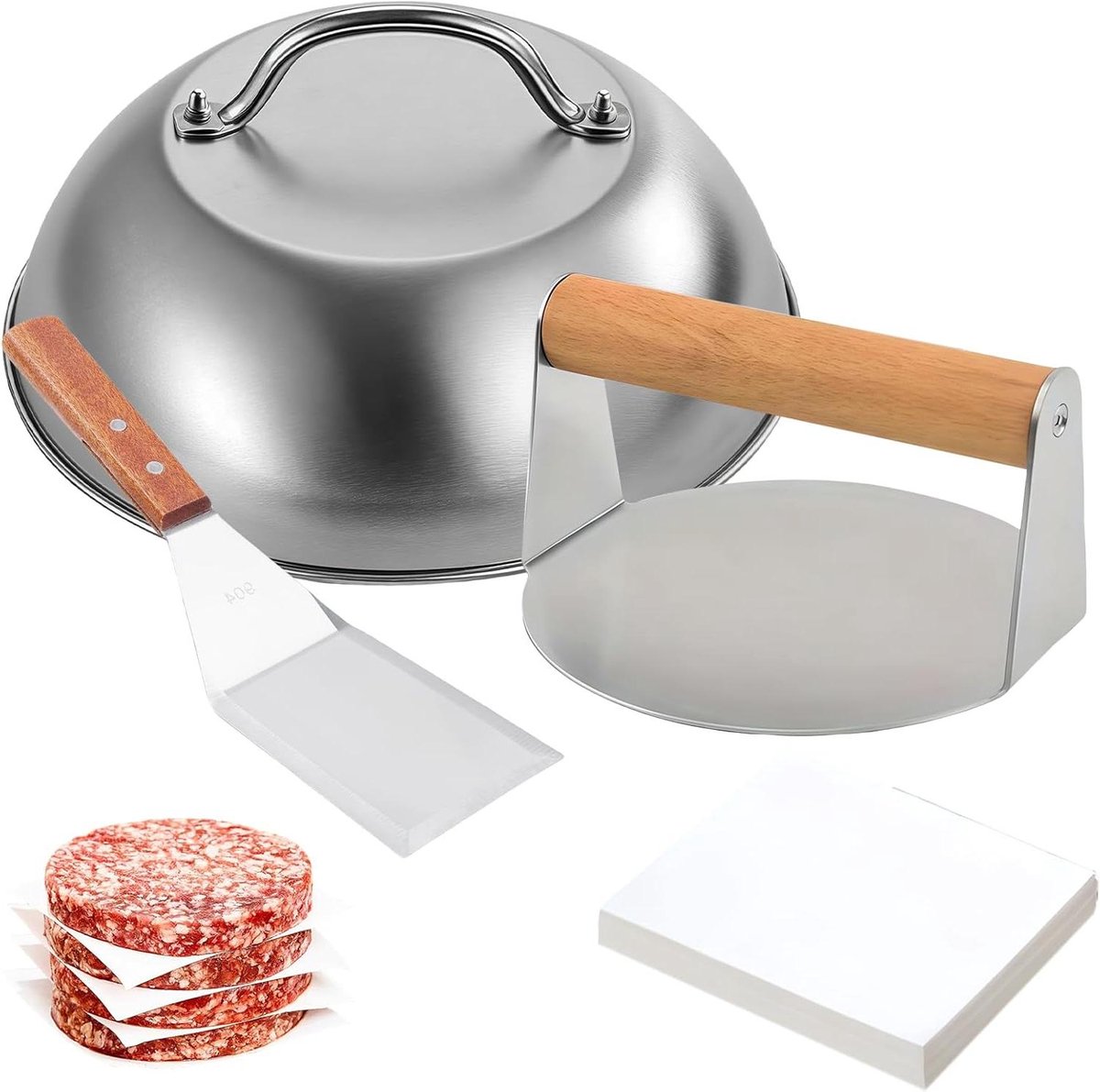 Burgerpers Set - Grill Gereedschap - Professioneel Grillen - 304 Roestvrij Staal - 14 cm Pers - Zilverkleurig