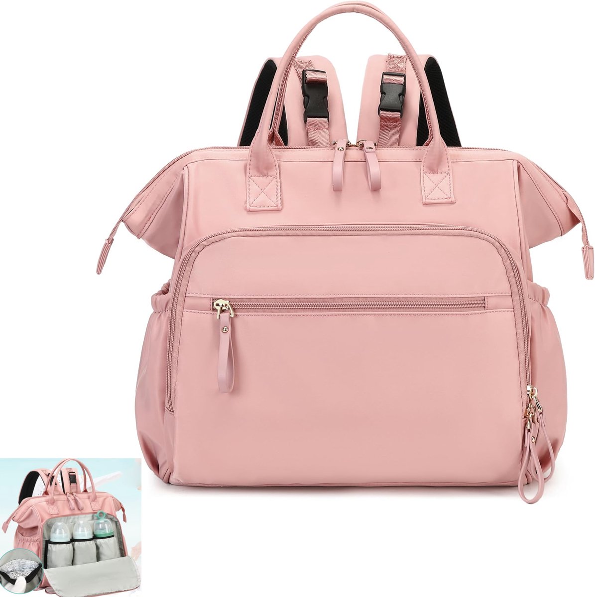 KZQ Grote luier tas tote 20L met 14 vakken - Converterbaar met kinderwagenclips en 3 geïsoleerde vakken - Waterafstotend en praktisch voor onderweg - Roze