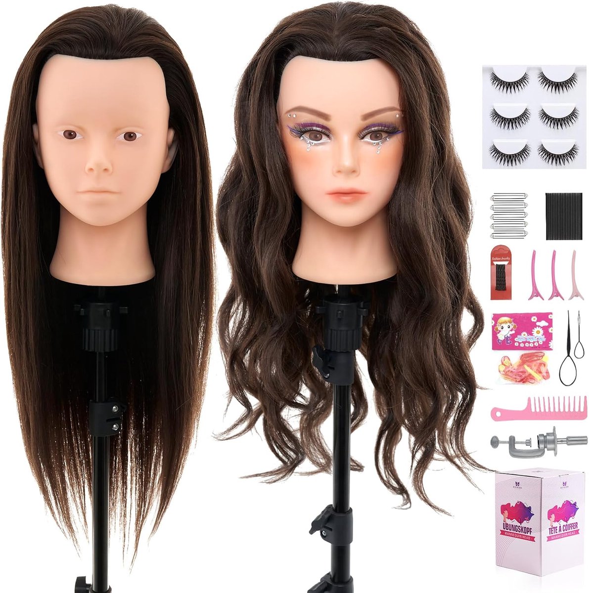 Oefenhoofd Kappers – 60% Echt Haar – 28 Inch Trainingshoofd met Tafelklem – Voor Knippen, Vlechten en Styling