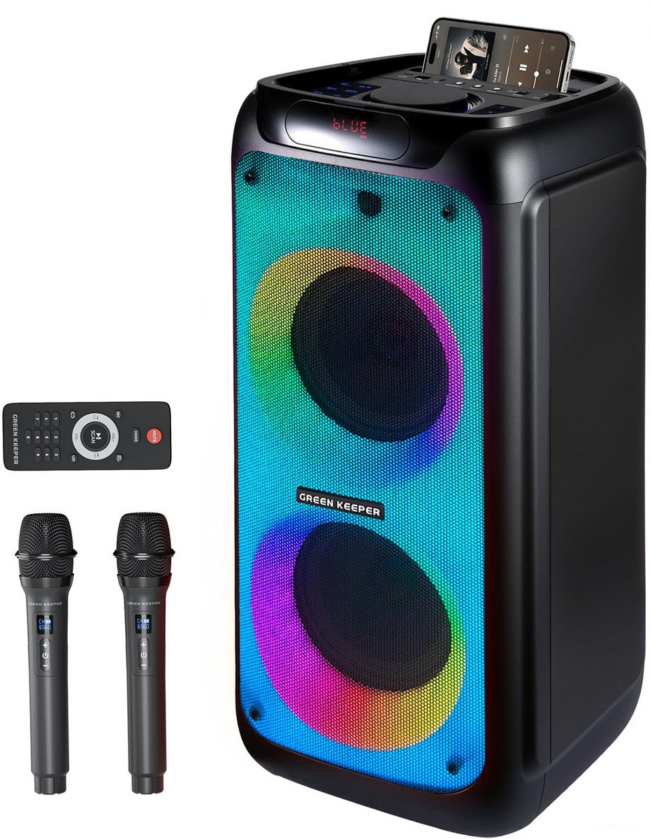 SnelShoppen - GKD80 Karaokemachine voor Volwassenen met 2 Draadloze UHF Microfoons, 600W Piek Bluetooth Speaker, 2 Subwoofers van 8'', Draagbare Party