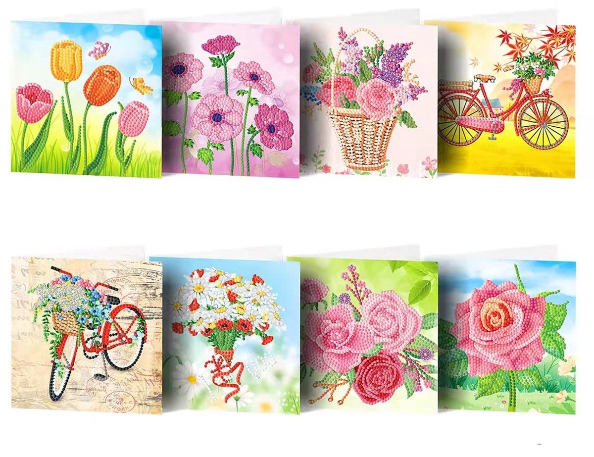 YYchan Diamond Painting Kaarten Set van 8 - DIY Wenskaarten Inclusief Enveloppen - 15x15 cm - Verjaardag & Feestdagen - Tulp