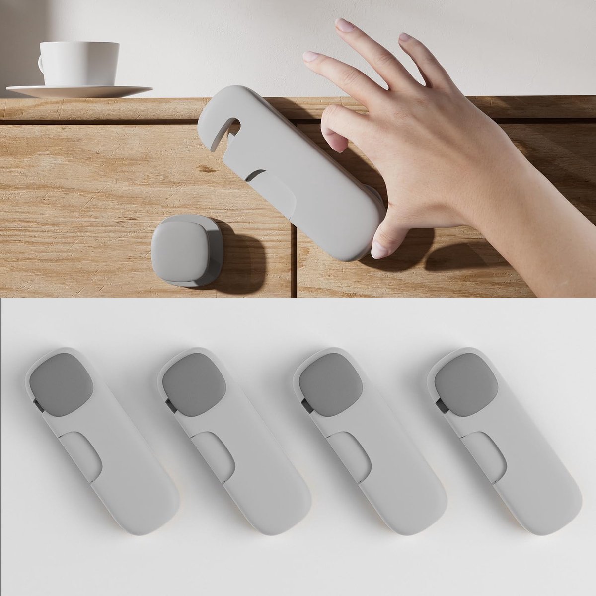 Kinderslot voor kasten, zelfklevend slot voor koelkasten, veelzijdig veiligheidsslot zonder boren; geschikt voor kasten, lades en toiletten (set van 4, grijs)