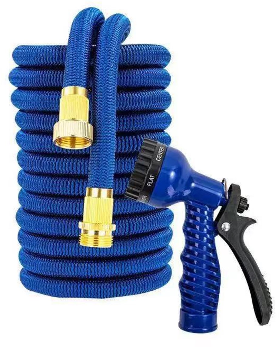 Uitschuifbare tuinslang – Een flexibele “magische slang” met een multifunctionele sproeikop, blauw, 7 standen (uitgeschoven tot 45 meter wanneer gevuld met water).