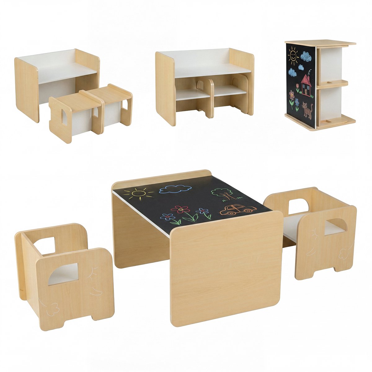 COSTWAY 6-in-1 Kindertafel met 2 Stoelen, Kinder Tafel en Stoel Set met Schoolbord & Boekenplank, Tekentafel met Opbergruimte, Speeltafel voor Kinderkamer, Kindermeubelset voor Kinderen vanaf 3 Jaar (Natuur)