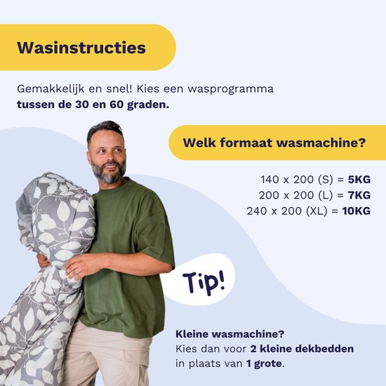 Man met grijze dekbed met bladeren, wasinstructies en machinematrix
