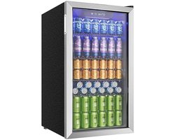 QUESTYR - Drankenkoelkast met glazen deur voor 126 blikjes - verstelbare planken voor bier/wijn, huis/bar/kantoor - zilver roestvrij staal