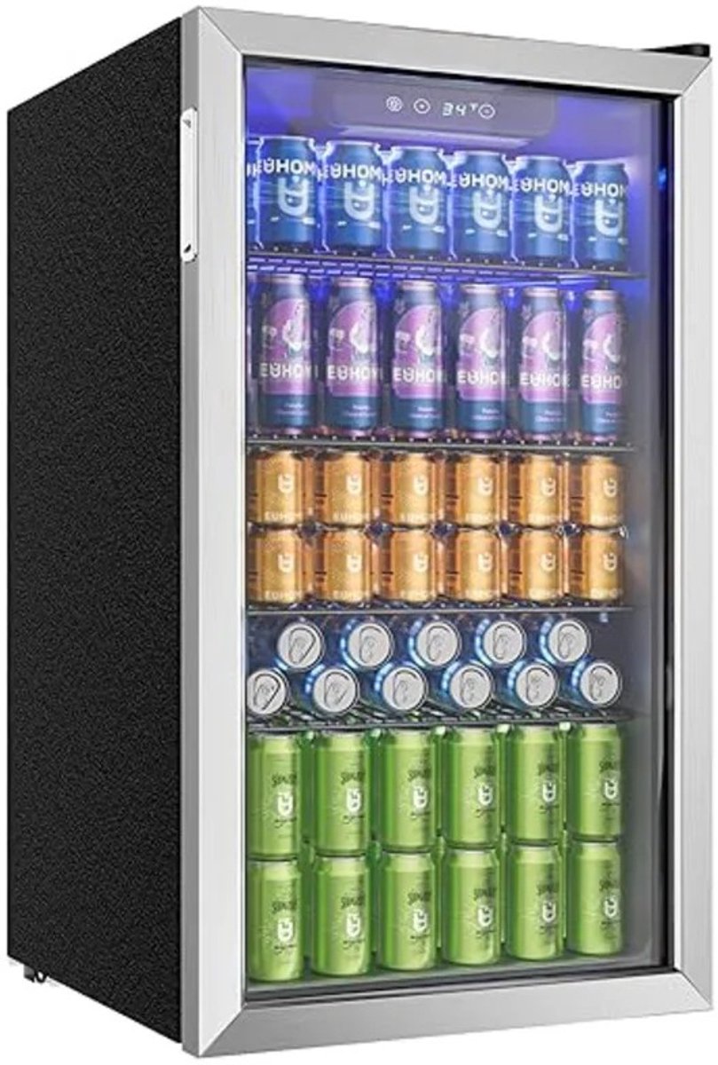 QUESTYR - Drankenkoelkast met glazen deur voor 126 blikjes - verstelbare planken voor bier/wijn, huis/bar/kantoor - zilver roestvrij staal