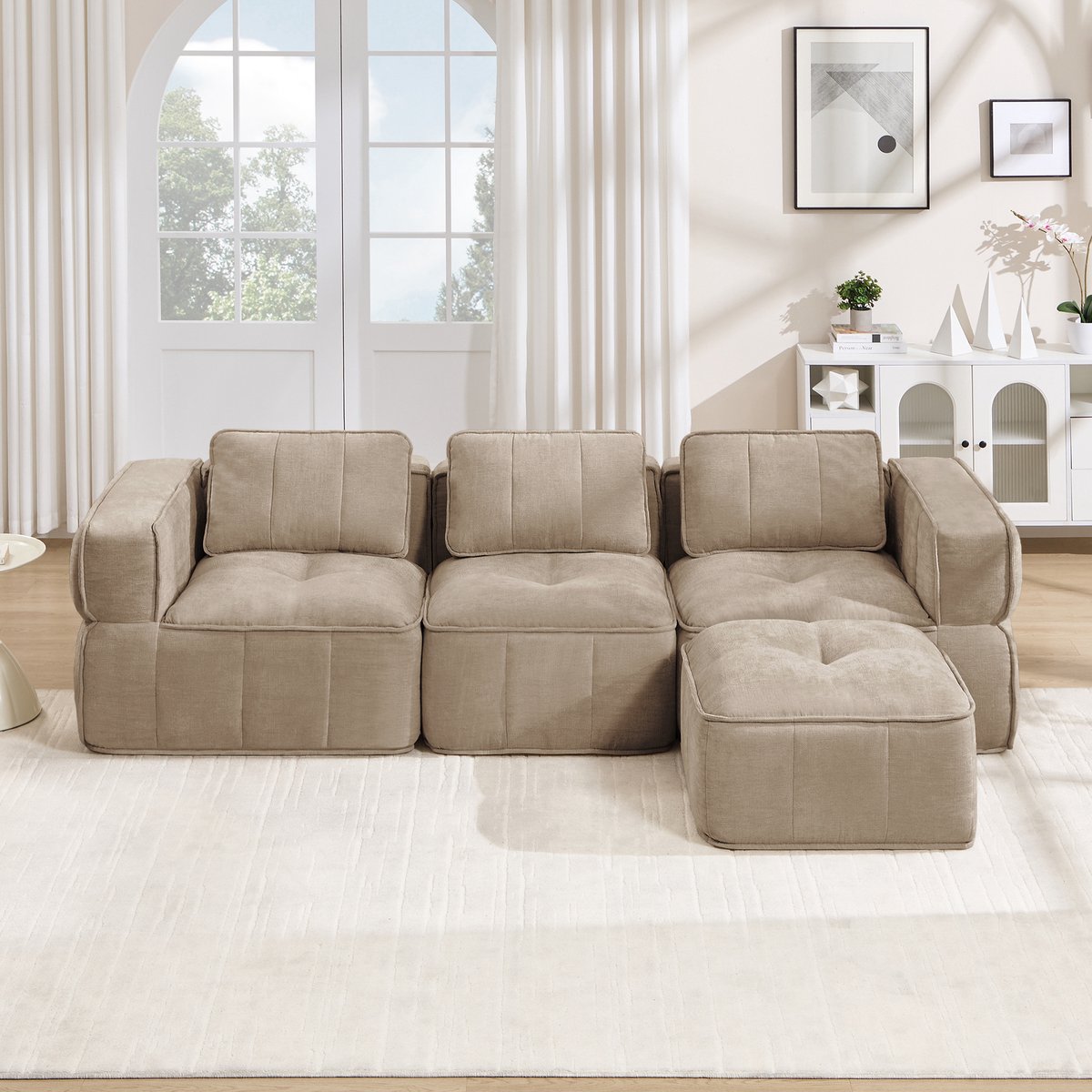 Pugsdrly 3-zits L-vormige frameloze modulaire bank met 1 poef, frameloos ontwerp, 32D-schuim met hoge dichtheid, diep zitkussen, comfortabele stof, ideaal voor de woonkamer, zandkleur.
