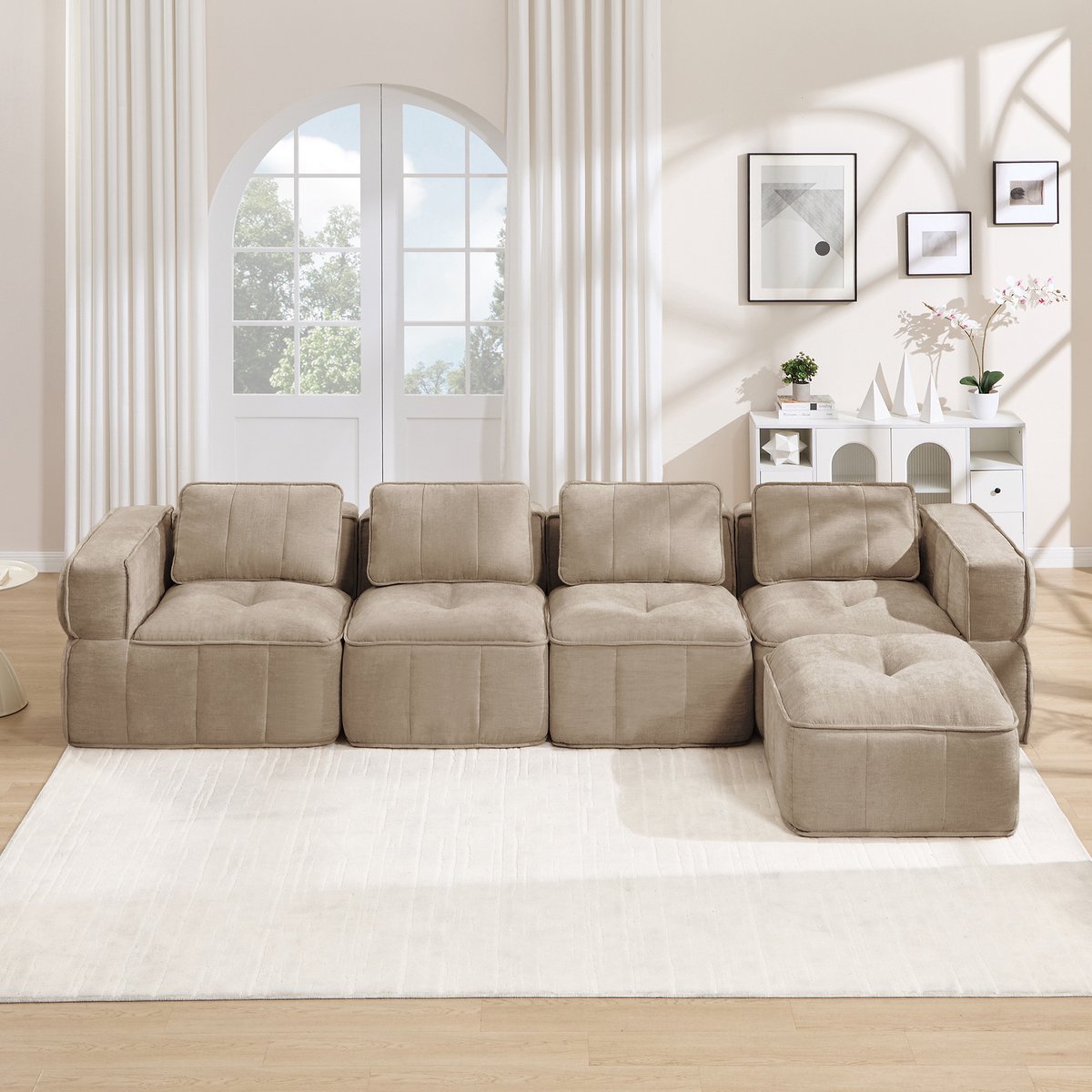 Pugsdrly 4-zits L-vormige frameloze modulaire bank met een poef, gevuld met 32D-schuim met hoge dichtheid, diep zitkussen, zachte en comfortabele stof, ideaal voor de woonkamer, zandkleurig.