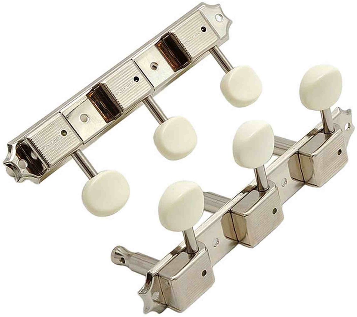 Kluson M90NP Stemmechanieken voor gitaar Three on a Plate, 3x links + 3x rechts met plastic ovale knoppen, nikkel