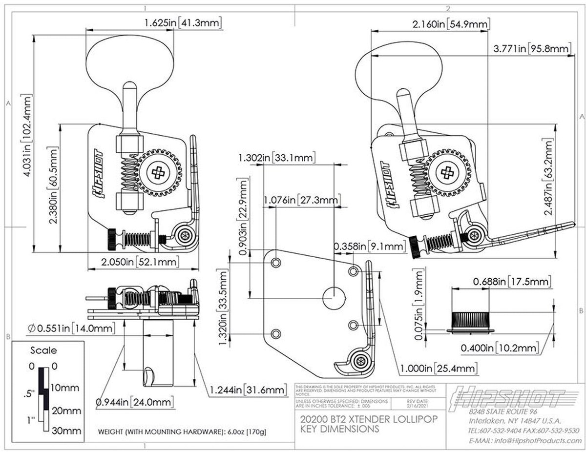 Hipshot HS20200LN BT2 Bass Xtender, for '67-'82 USA F-style and Schaller BMF, lollipop key, nickel