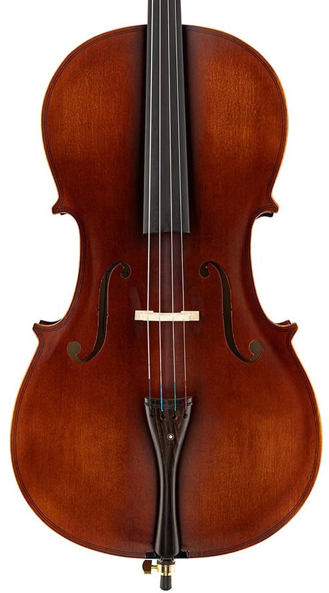 Leonardo LC-1318 cello 1/8, gelamineerd met gevlamde achterkant en zijkanten, ebbenhouten beslag, tas en strijkstok