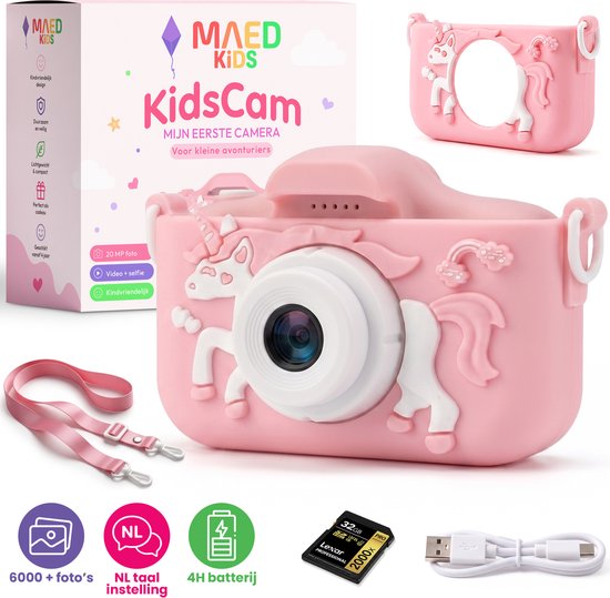 Roze digitale kindercamera met unicorn design, met 4 horloges, 32GB SD-kaart, USB-kabel en NL-talige interface.
