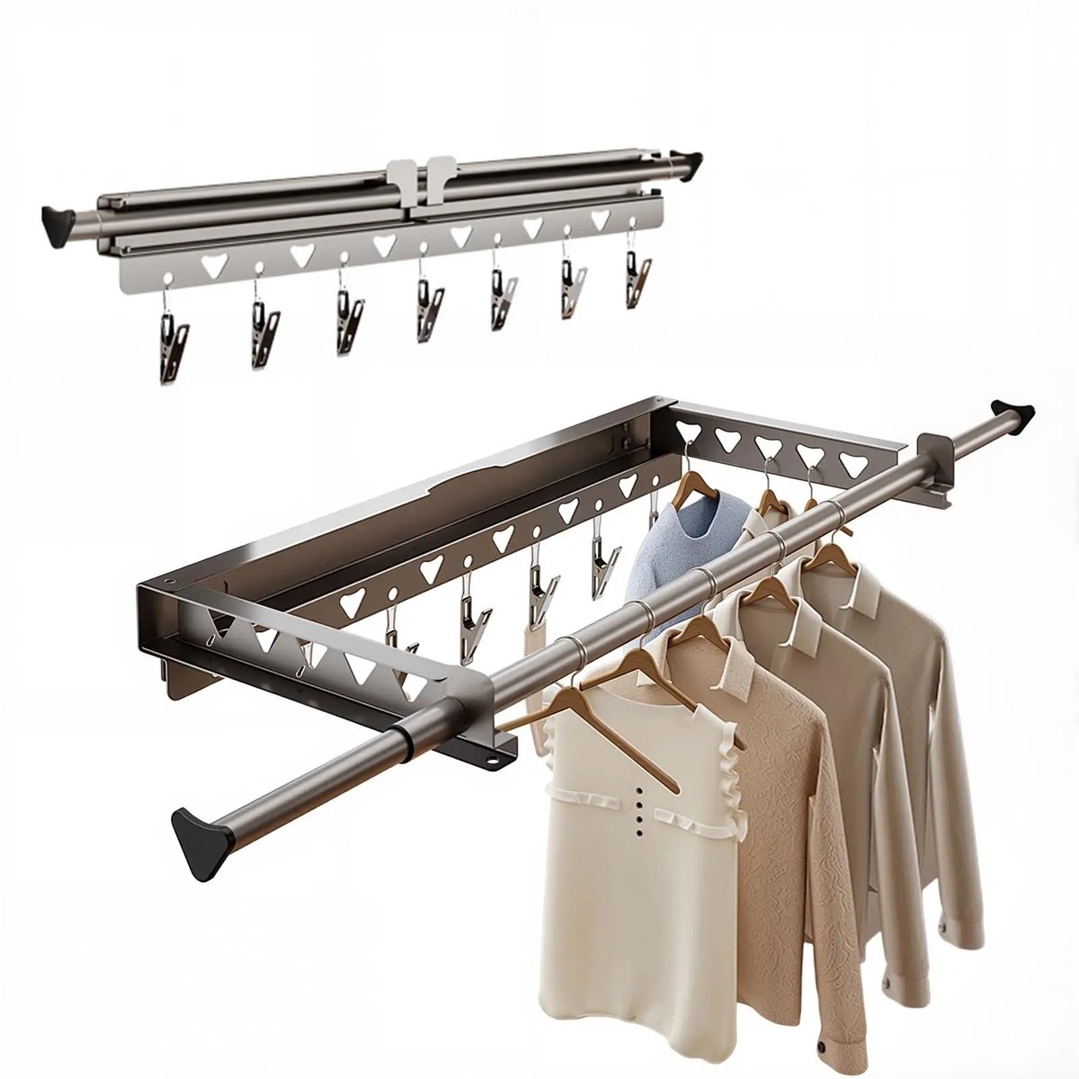 Bresht Wanddroogrek - Uitschuifbaar - Inklapbaar – RVS - Voor Binnen & Buiten - Roestvrij staal - Grijs - 55 × 26,7 × 7,5 cm