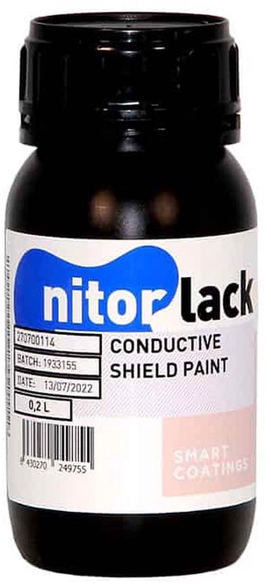 Fles Nitorlack geleidend schildverf 0,2L. Zwarte dop, wit label met blauwe en witte tekst.