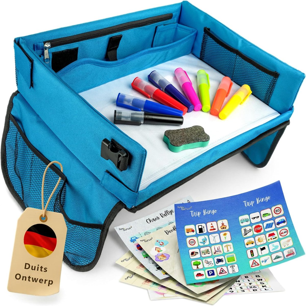 Reise Hacks Reistafel Auto Kinderen - [met Tablet-Stopper & Autospelletjes] - Autostoeltafel, Travel Tray & Schootdienblad met Opbergruimte