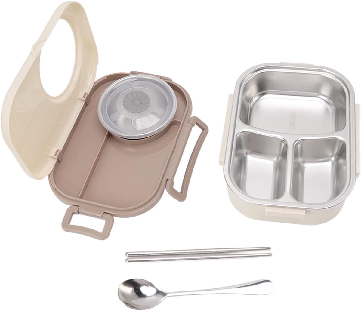 Bento Box van roestvrij staal, 1450 ml, broodtrommel met 3 vakken, dubbele laag, thermisch, lekvrij, lunchable voedselcontainer voor studenten (beige)