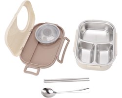 Bento Box van roestvrij staal, 1450 ml, broodtrommel met 3 vakken, dubbele laag, thermisch, lekvrij, lunchable voedselcontainer voor studenten (beige)