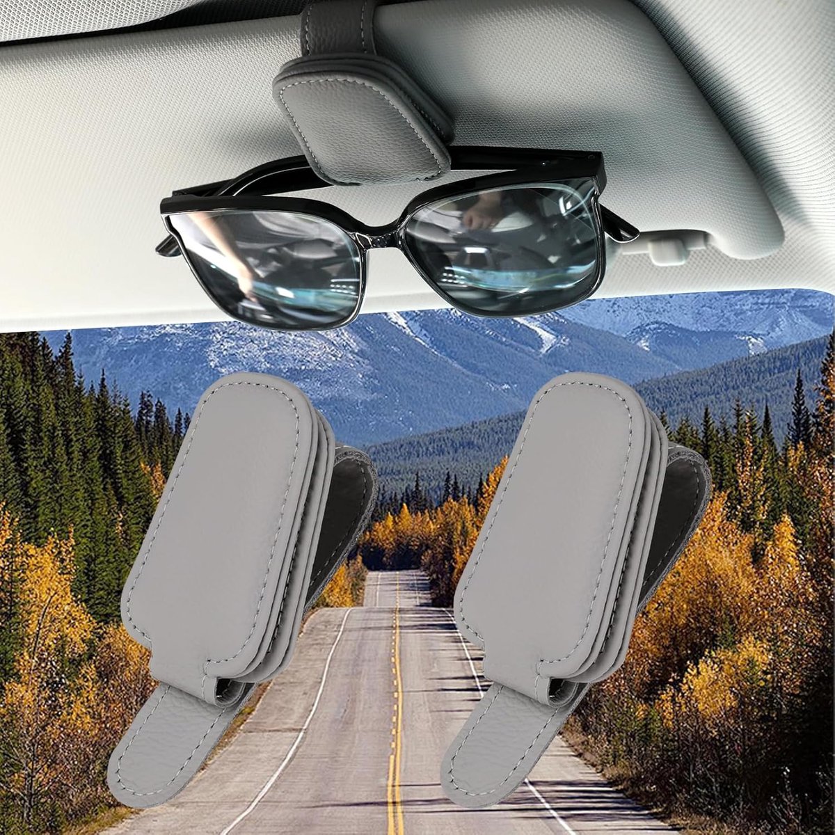 Zonnebrilhouder voor auto, 2 stuks zonnebrilhouder voor auto zonneklep Magnetische lederen brilhoudersclip Zonneklep organizer Auto brilhouder Auto-accessoires (donkergrijs)
