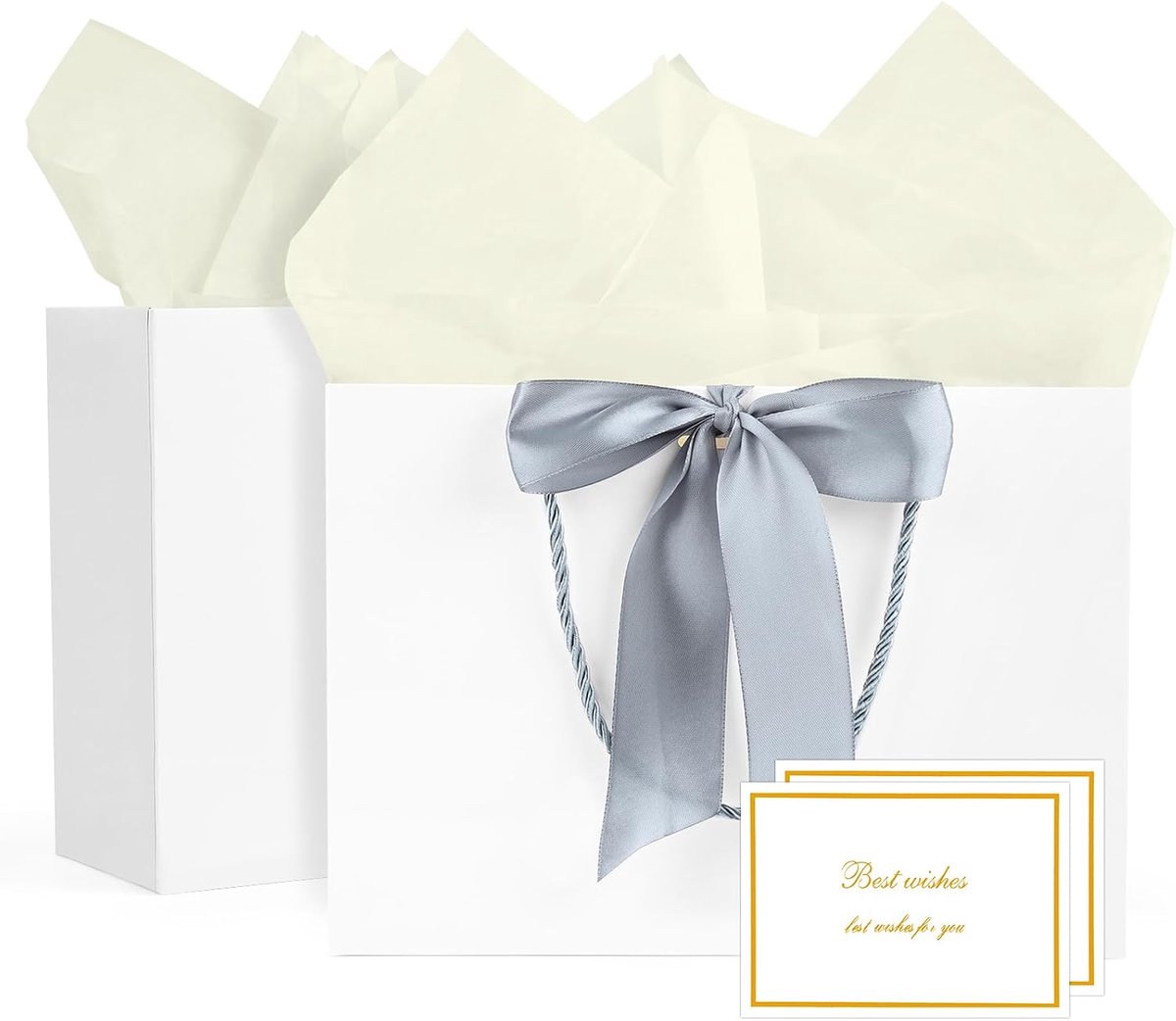 Cadeautasjes, 2 stuks papieren zakken met linten, 2 wenskaarten en 4 zakdoeken, cadeautasjes met handvat, feesttasjes, bodemtasjes met kruisbodem, geschikt voor verjaardag, bruiloft en feest