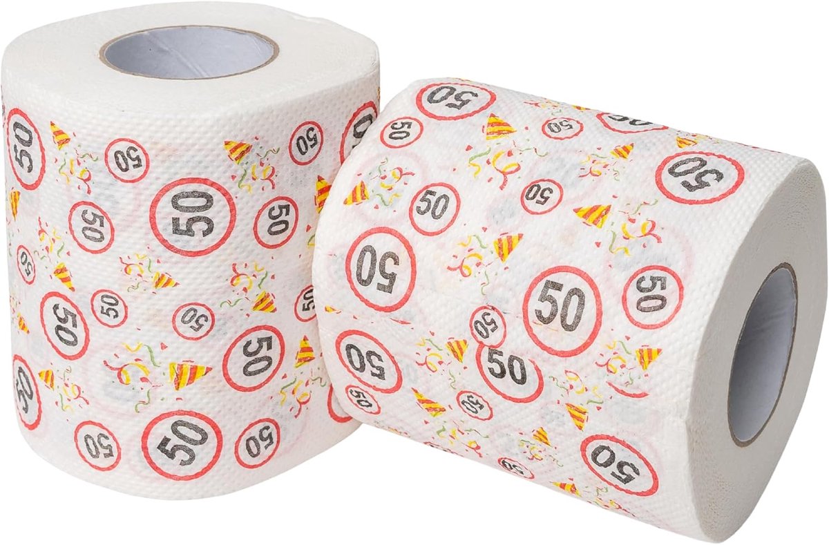 Toiletpapier, voor de 50e verjaardag, 2 rollen, feestdecoratie en cadeauverpakking, grappig motto toiletpapier, leuk huisdieren, toiletrol cadeauartikel, verjaardagstoiletdecoratie